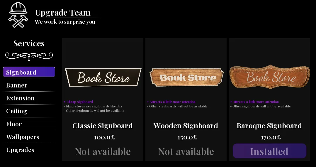 The signboard catalogue with Classic, Wooden and Baroque boards, the Baroque one installed