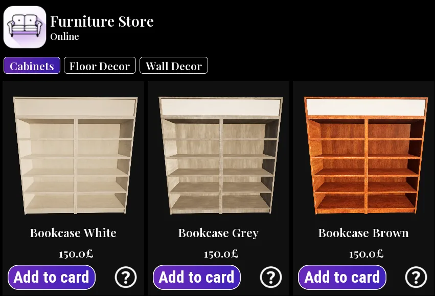 Furniture store cabinets tab showing three bookcase colours at 150 each