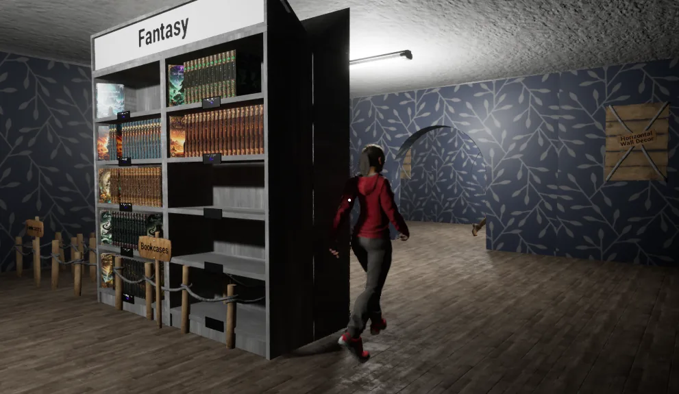 A stocked Fantasy shelf beside the bookcases sign inside the store