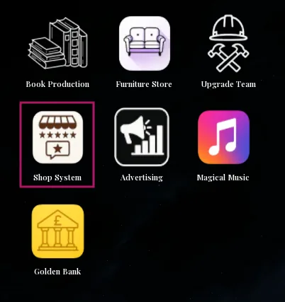The desktop app grid with the shop system icon outlined in pink