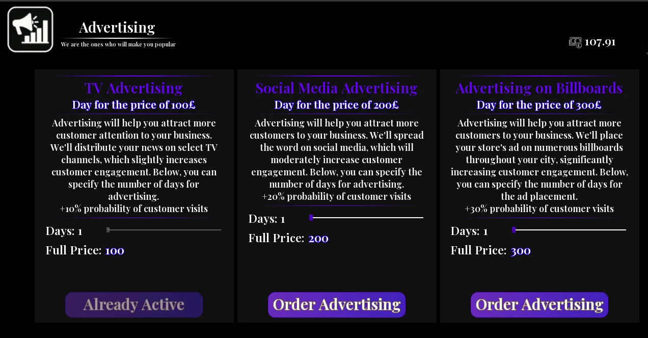 Advertising options for TV, social media and billboards at 100, 200 and 300 a day