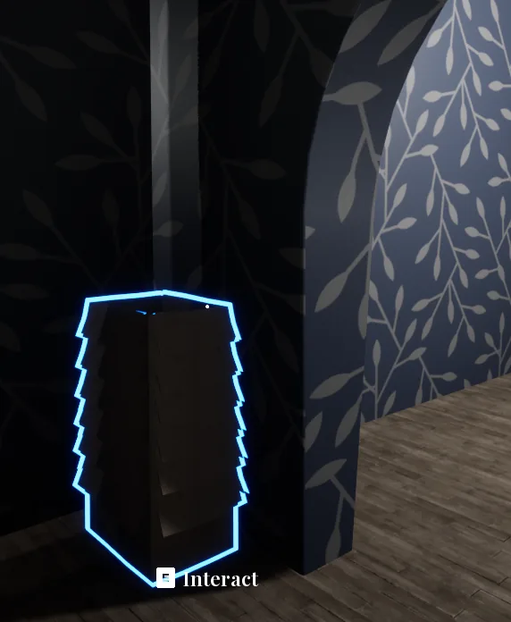 The stack of empty boxes in the back room, highlighted with an interact prompt