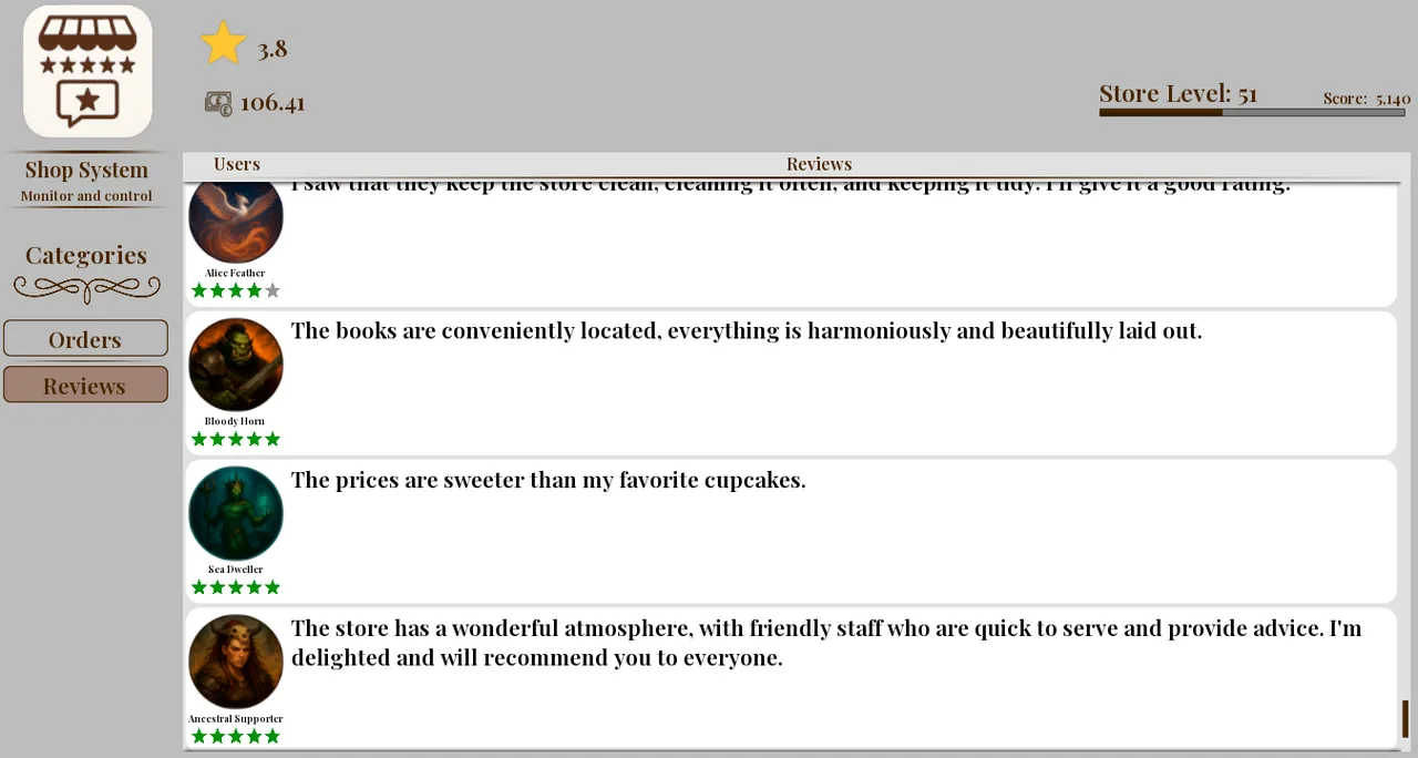 Reviews screen at 3.8 stars with customers praising cleanliness and layout