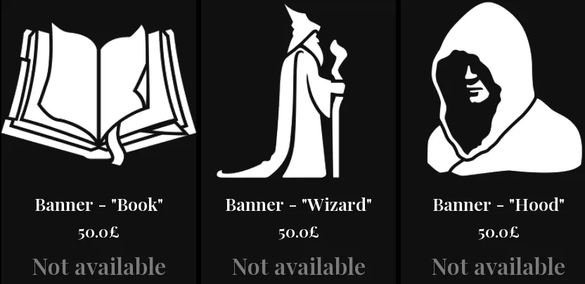 Banner designs for Book, Wizard and Hood, each 50