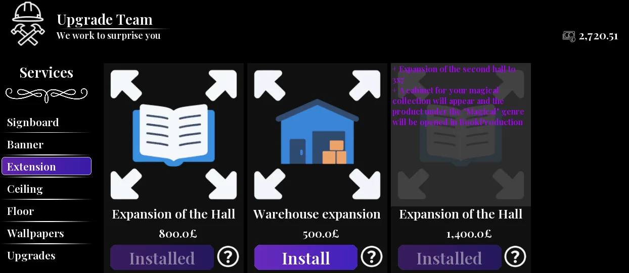 The extension tab with both hall expansions installed and the warehouse still available