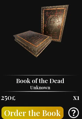 The Book of the Dead listed as a single-purchase personal magic book at 250