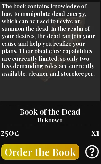 The Book of the Dead description, offering cleaner and storekeeper roles