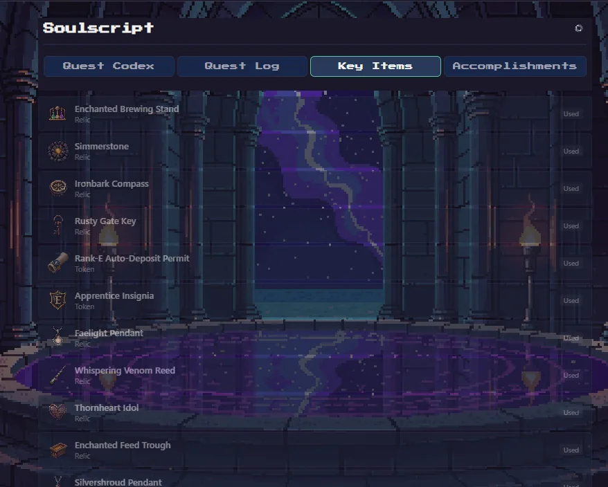 Key Items listed in Soulscript, where quest relics are obtained