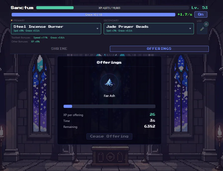 The Offering tab, where items are given up for Sanctum experience