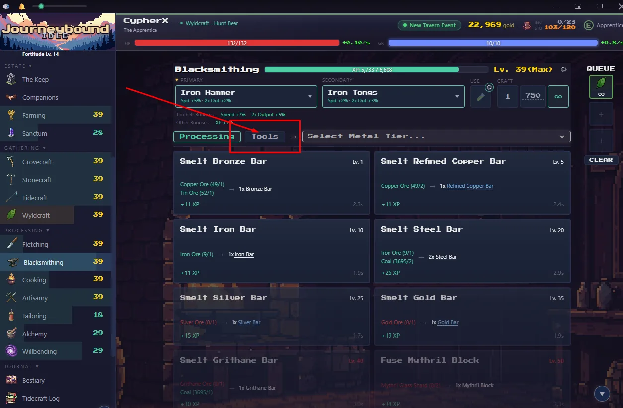 Blacksmithing selected in the sidebar with its Tools section open