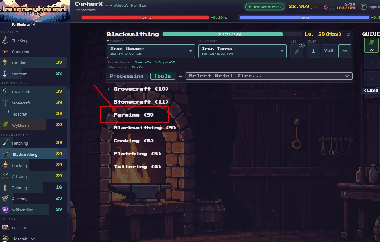 Choosing Farming inside the Blacksmithing tools list