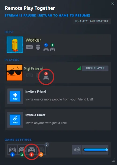 Virtual controls being enabled per player in the Remote Play Together window